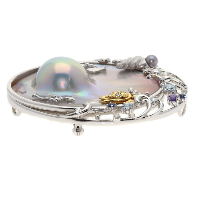 タサキ ブローチ マベパール 真珠 海モチーフ カラーストーン