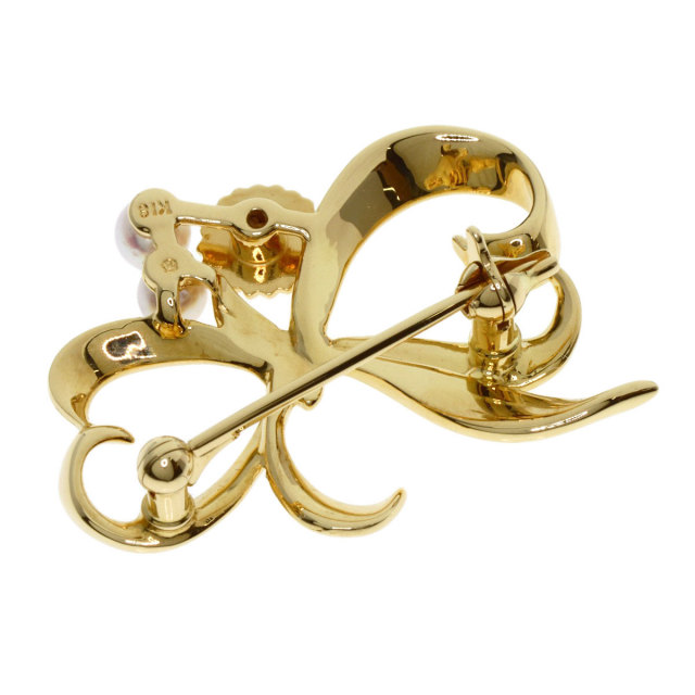 MIKIMOTO ミキモト パール 真珠 リボンモチーフ ブローチ K18イエロー  