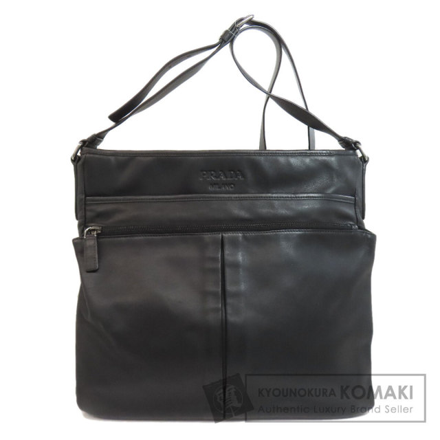 PRADA ブラックレザー ショルダーバッグ~~ PRADA プラダ ロゴ ショルダーバッグ レザー レディース [中古
