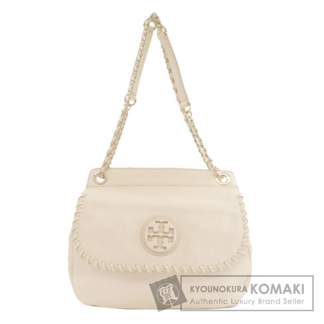 トリーバーチホワイトレザー ショルダーバッグ ロゴ付き