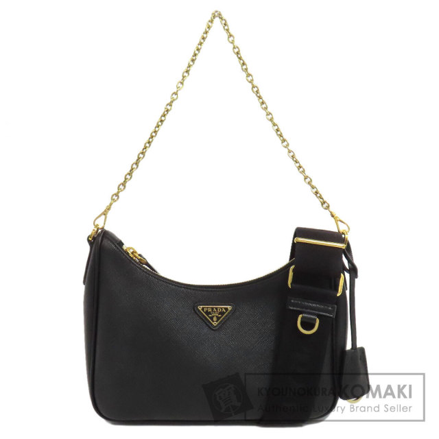 プラダ PRADA ナイロン 2wayショルダーバッグ　ブラック×ゴールド PRADA プラダ 2WAY ショルダーバッグ ナイロン レザー ブラック