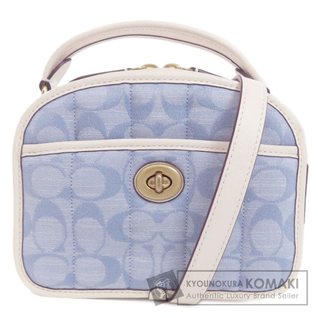 希少　美品　コーチ　ハンドバッグ　青　シグネチャー　ストライプ　PVC　s47 COACH - 希少 美品 コーチ ハンドバッグ 青 シグネチャー
