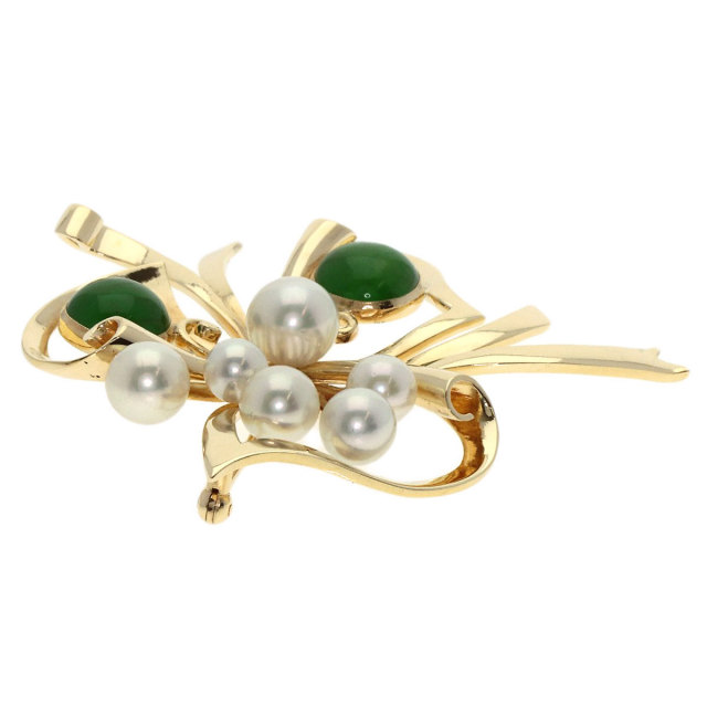 MIKIMOTO ミキモト パール 真珠 ヒスイ 翡翠 ブローチ K14イエロー