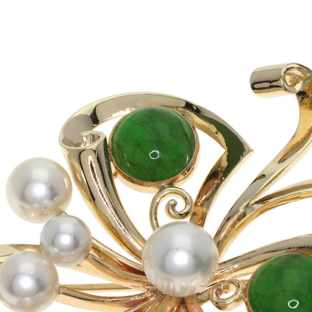 MIKIMOTO ミキモト パール 真珠 ヒスイ 翡翠 ブローチ K14イエロー