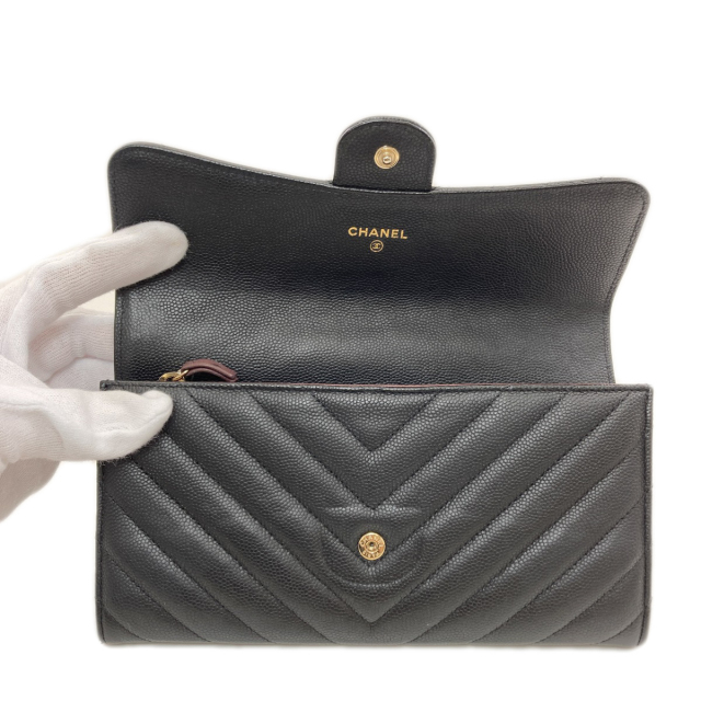 CHANEL シャネル 27723991 Vステッチ ココマーク ゴールド金具 長財布（小銭入れあり） ソフト グレインド カーフスキン レディース [中古] CHANEL シャネル 27723991 Vステッチ ココマーク ゴールド金具 長財布