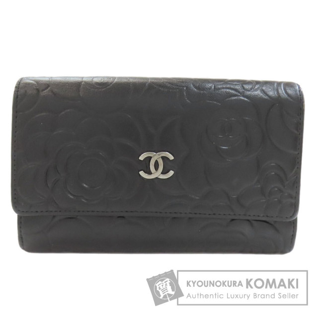 CHANEL ブラック レザー 長財布　カメリア　ラウンドファスナー　シルバー CHANEL シャネル カメリア シルバー金具 長財布（小銭入れあり