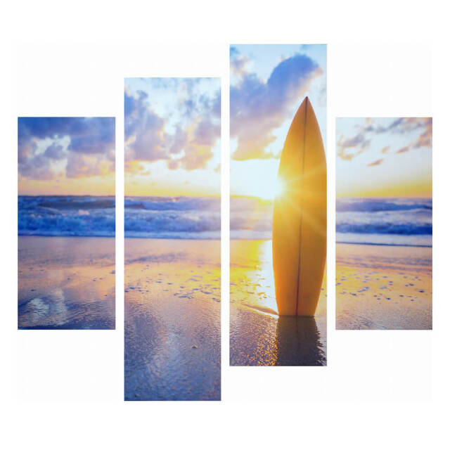 Surfboard on the beach at sunset キャンパス アート　4枚セット