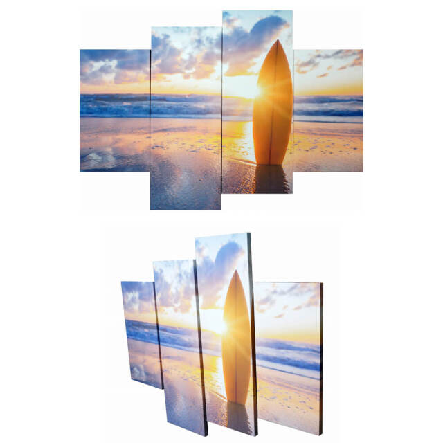 Surfboard on the beach at sunset キャンパス アート　4枚セット