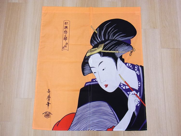 【日本のおみやげ】日本の和風のれん【キセル/オレンジ】【浮世絵シリーズ】※上部に棒を通す輪があります。