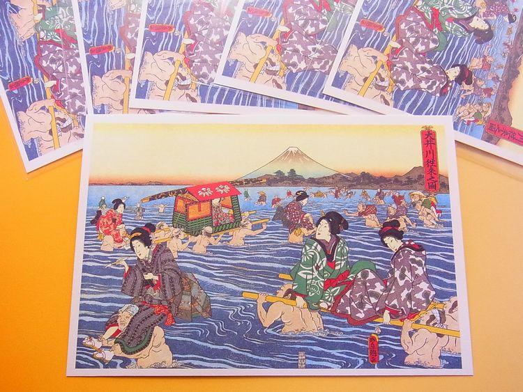 【日本のおみやげ】ポストカード【大井川往来之図/木版レプリカ】（バラ単品）透明OPP袋入り