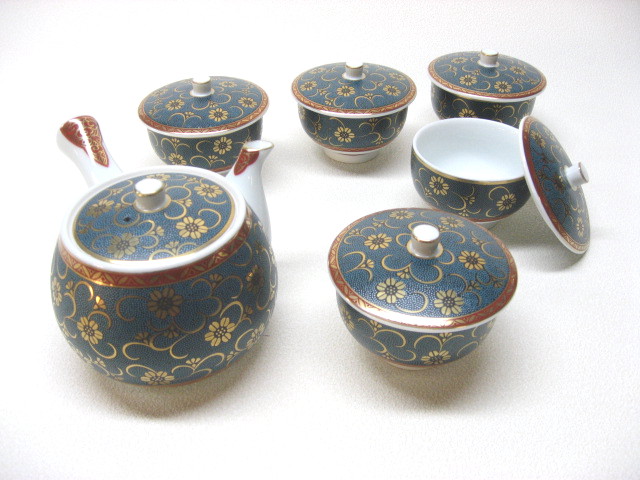 【日本のお土産】◆九谷焼青粒鉄仙蓋付5客茶器揃セット【高級日本美陶】