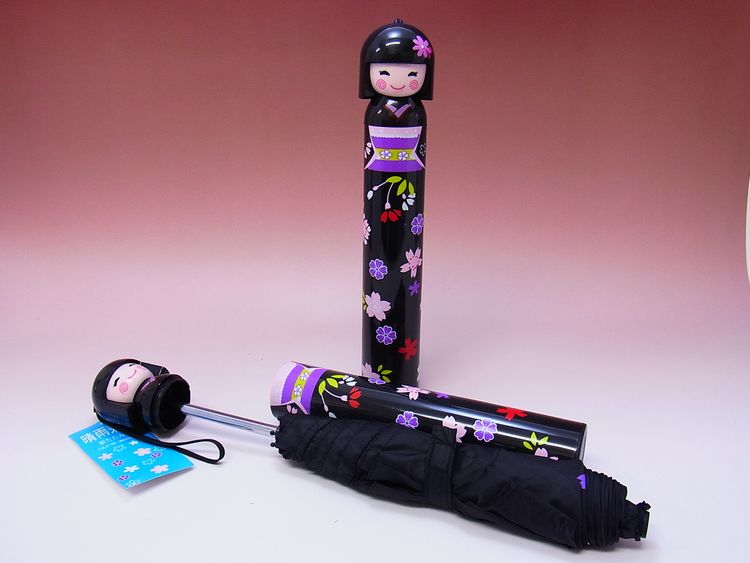 【日本のおみやげ】◆新こけし型折畳傘【全5色有】ブラック