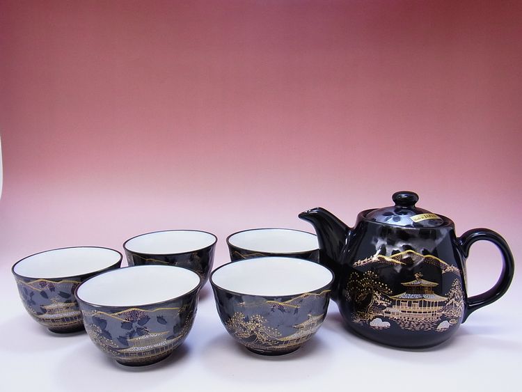 【日本のおみやげ】 ◆黒花名所【茶器6点】茶器セット