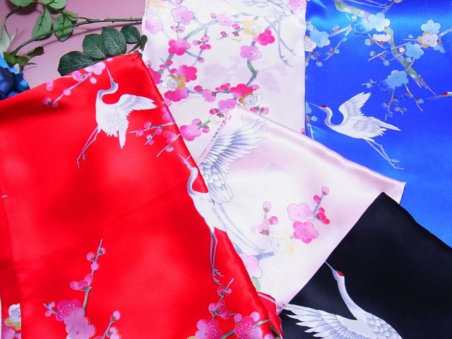 日本のおみやげ】◇シルクスカーフ【梅鶴柄】5色よりお選びください