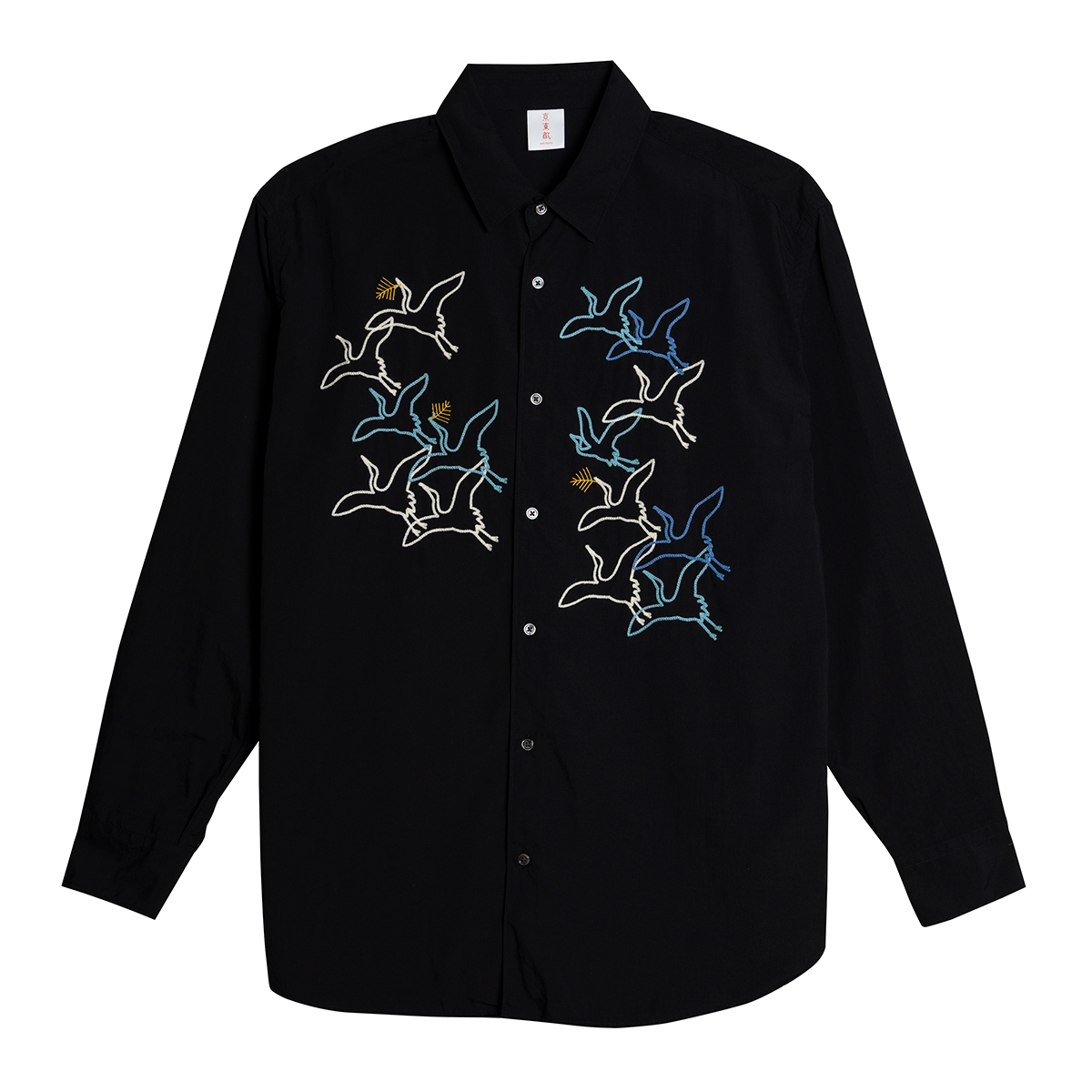 KY19-1169B／メンズシャツ[オーガニックコットン]／鶴と松(黒)