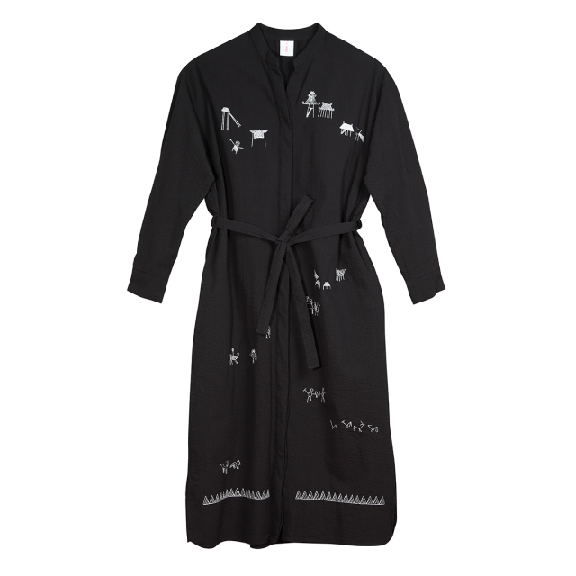 KY08-1088／スタンドカラーシャツワンピース(黒)／弥生集落