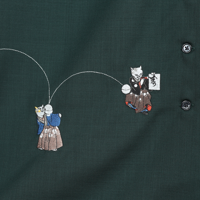 KY08-1115G／半袖シャツワンピース／流行猫の曲手まり(緑)