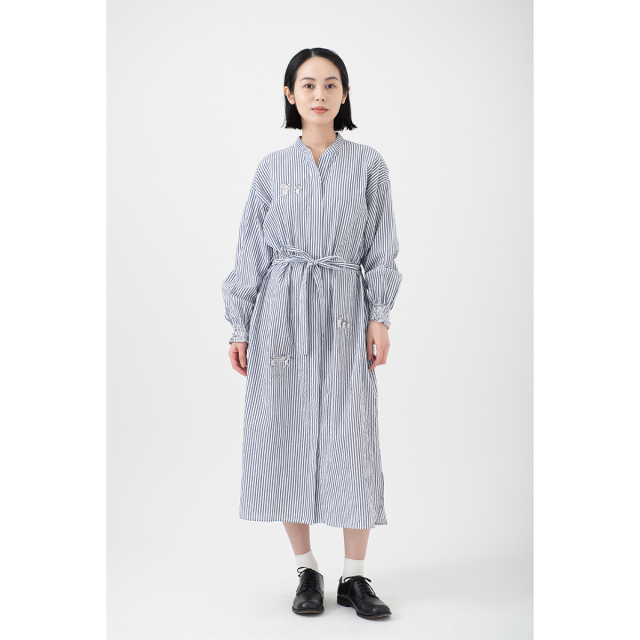 Ky08 9 袖ゴムシャツワンピース 播州織 ご馳走を運ぶ ストライプ 京東都