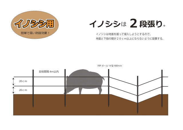 イノシシ用電気柵　2段張り