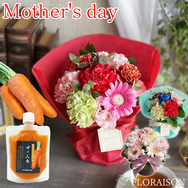 【送料無料】【母の日・花とスイーツ】健康セット選べるお花&人参ジュースパウチ