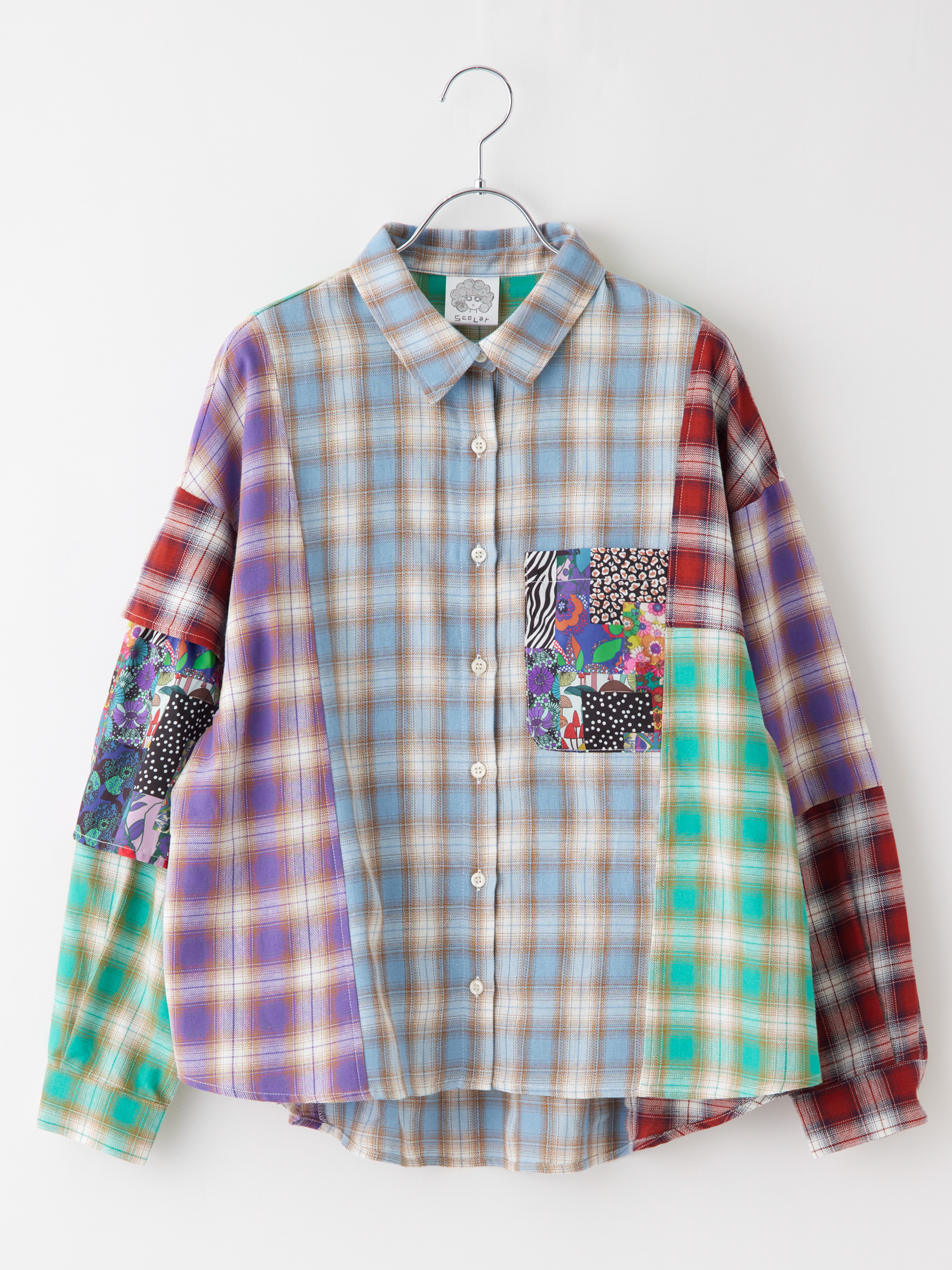 袖フリル多色チェックシャツ