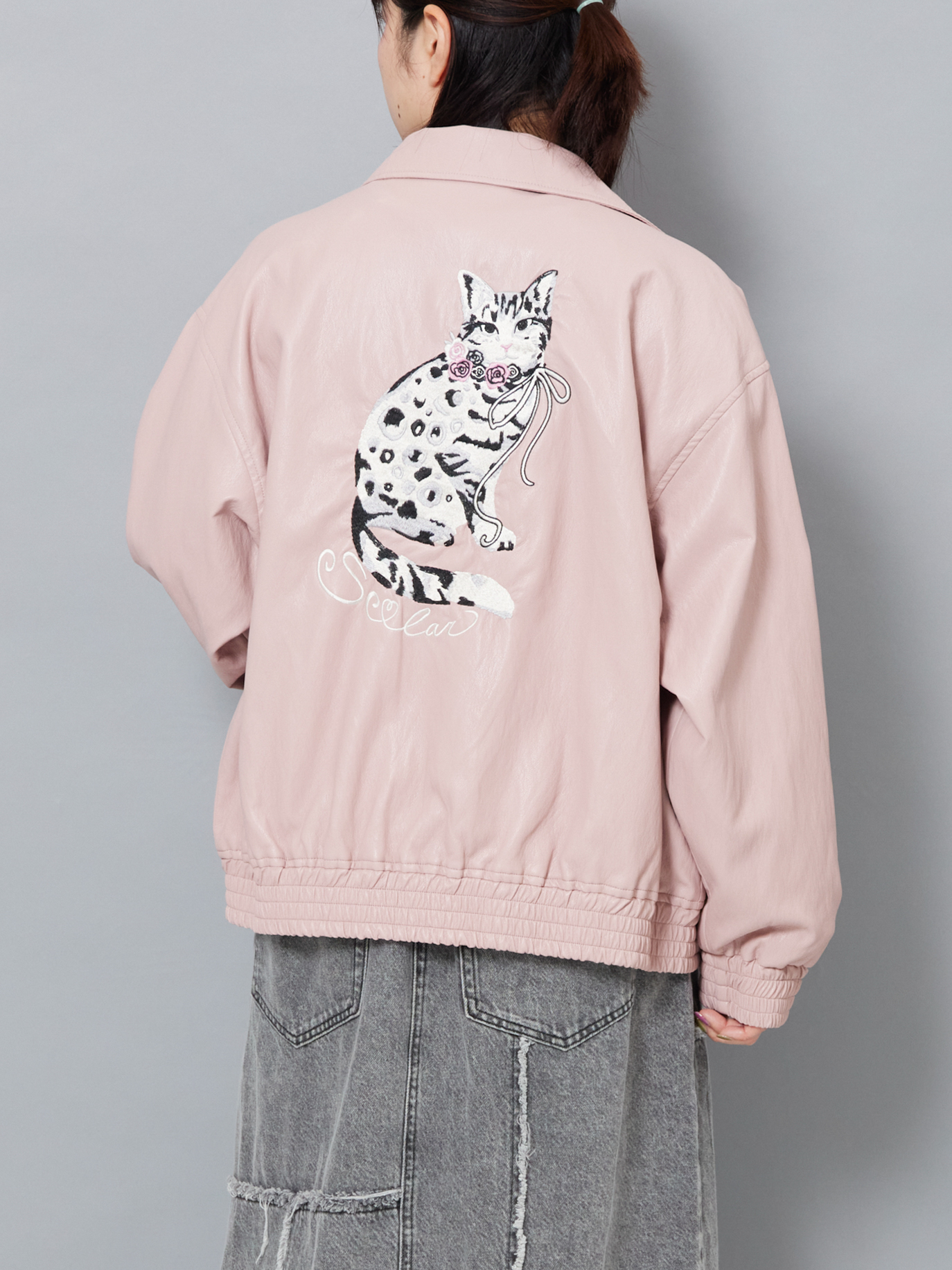 バックCAT刺繍エコレザーブルゾン