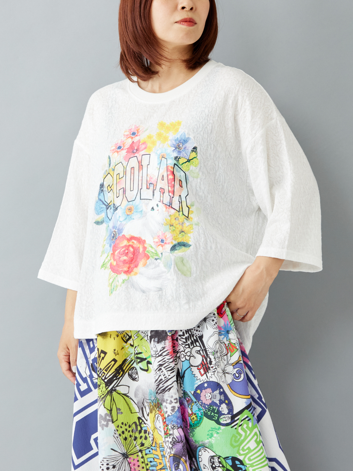 フラワーキャットプリントローズジャガードTシャツ