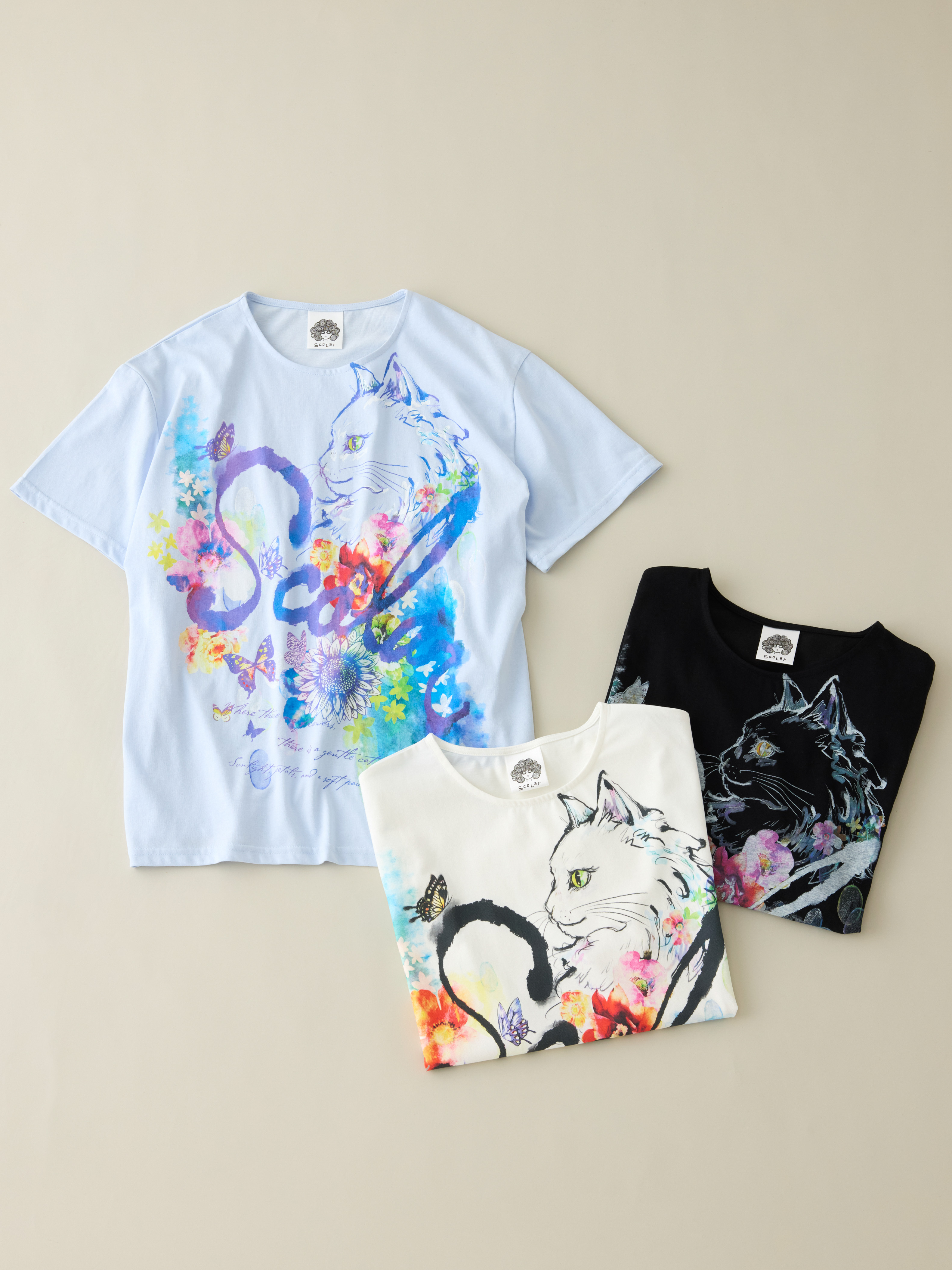 フラワーキャットサイドボタンTシャツ