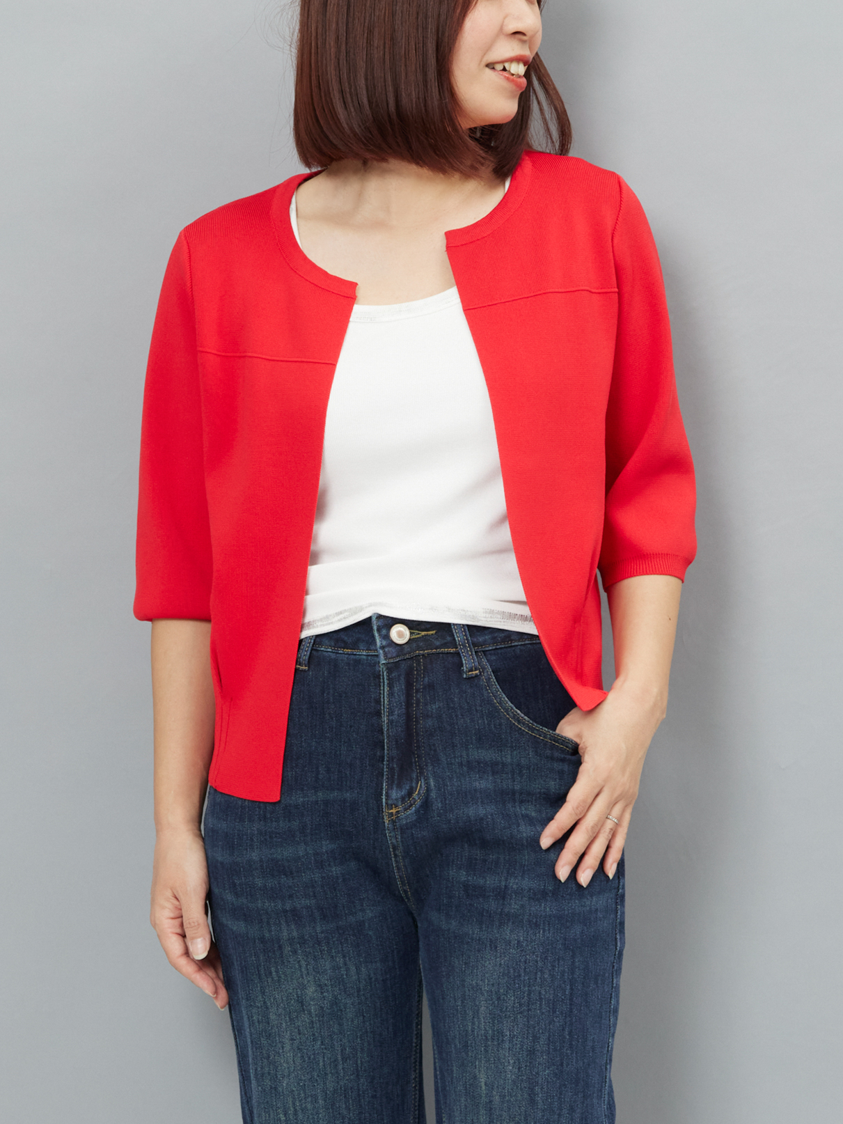 【3/4LIVE】ブローチ付き5分袖ニットカーディガン