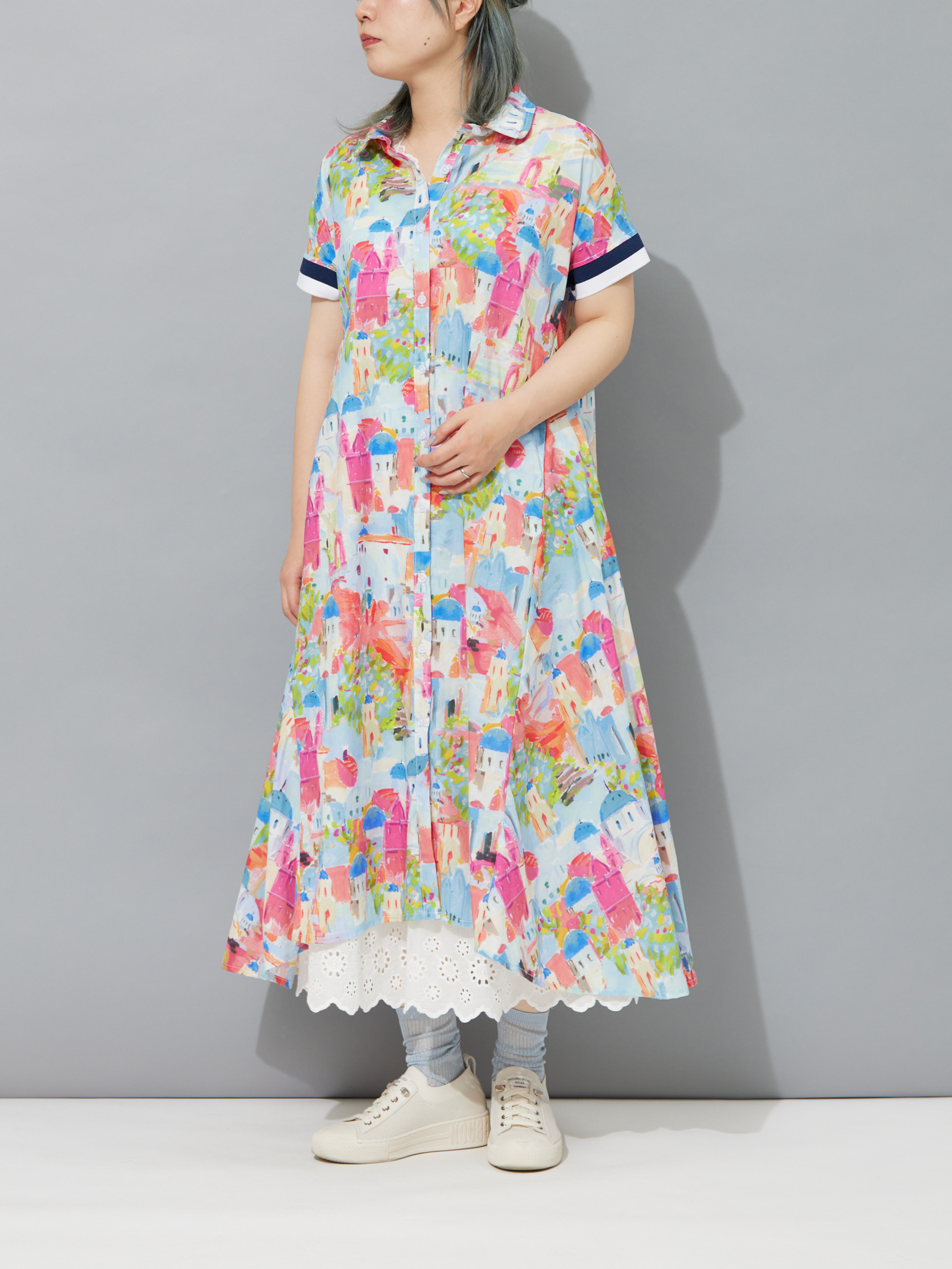 水彩風タウンプリントシャツワンピース