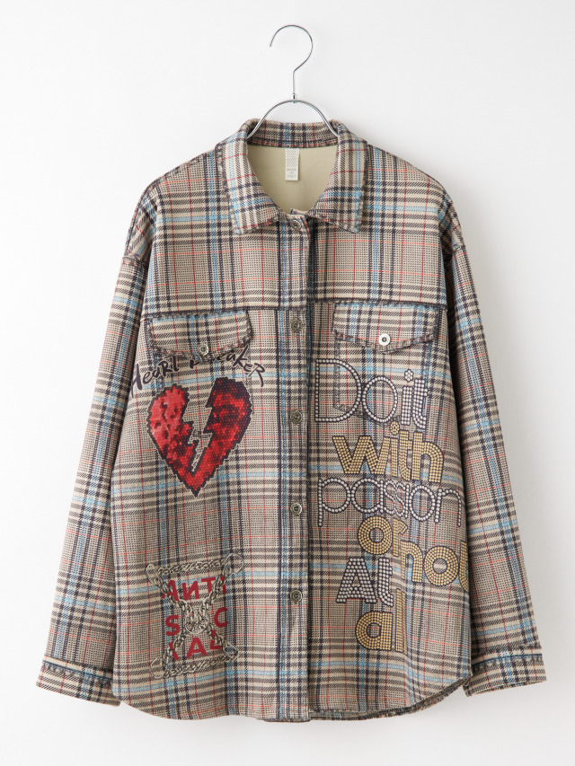 POPプリントグレンチェックシャツジャケット