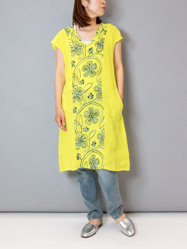 フラワー刺繍サイドリブリネンワンピース la primavera online store