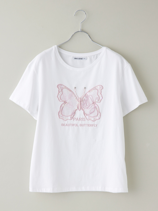 ビジュー付き蝶刺繍プリントTシャツ