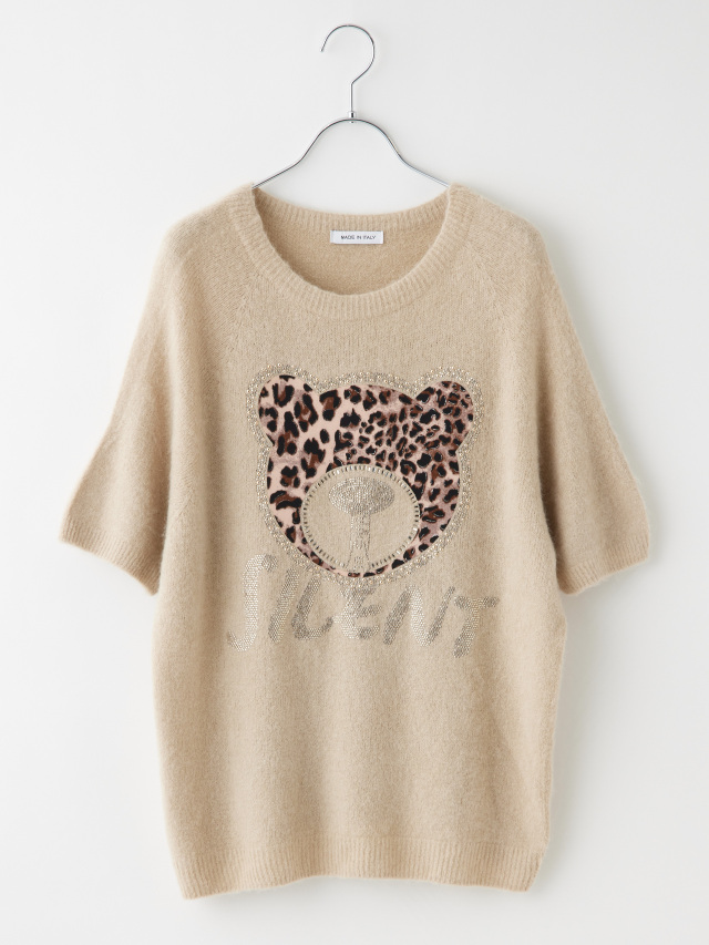 ビジュー付きレオパードベア半袖ニット