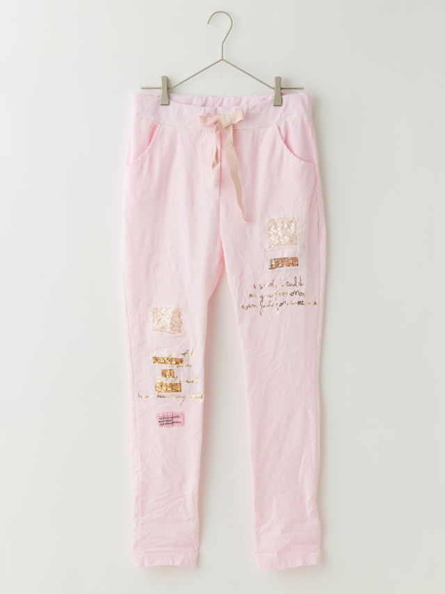 箔ロゴスパンコールシワ加工ストレッチパンツ