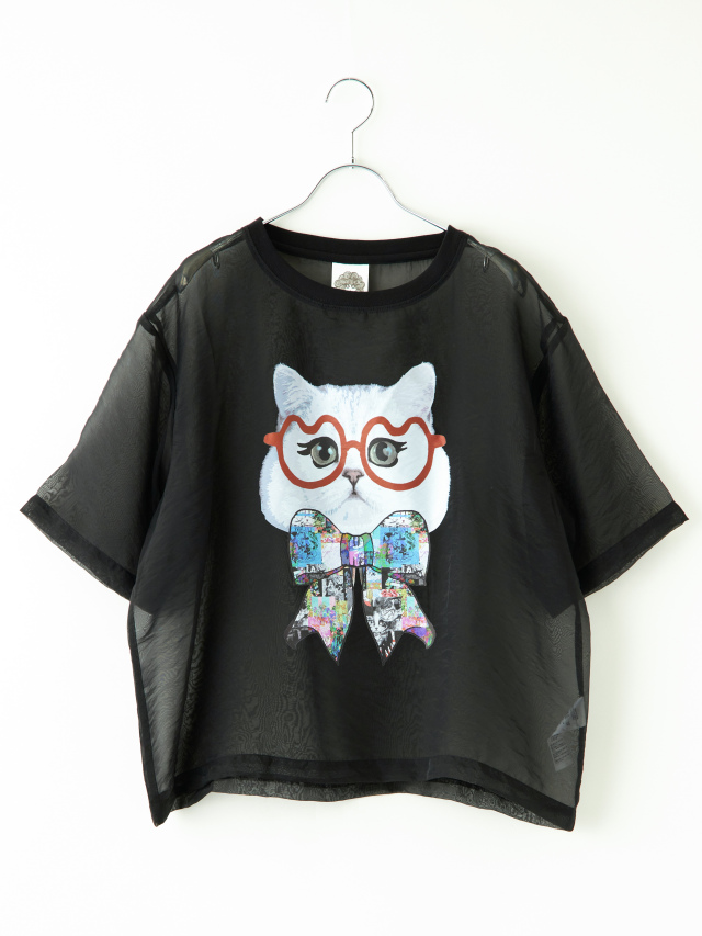 トップス SALE ScoLar スカラー 152661 眼鏡リボンネコ柄シアープルオーバー カジュアル ガーリー 猫 原宿系 個性的 ポイント ScoLar スカラー レディース トップス プルオーバー スカラー