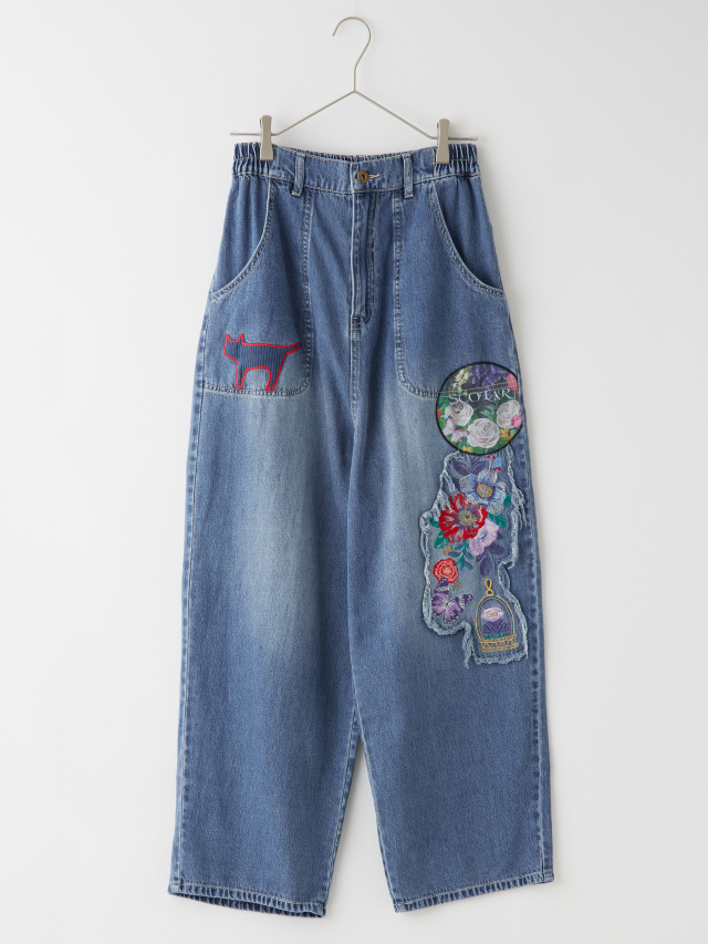 刺繍アップリケ付きワイドデニム
