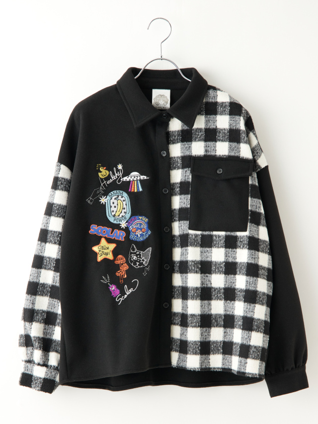 チェック切替POP刺繍シャツジャケット