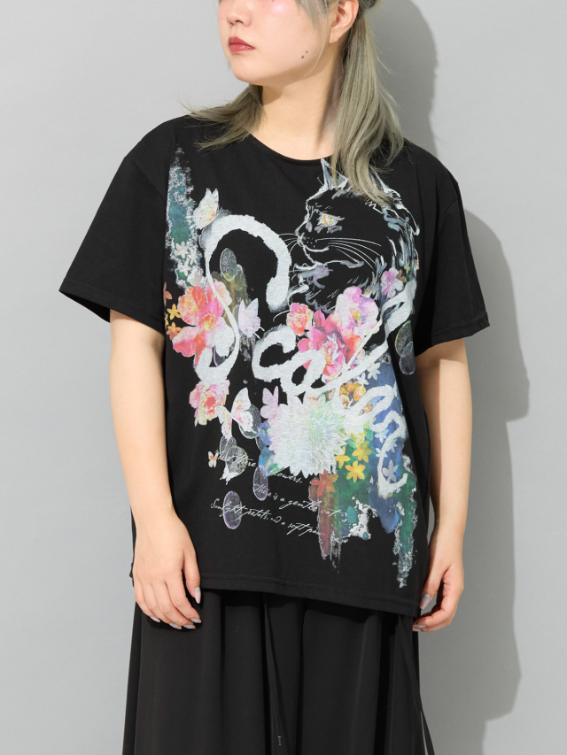 フラワーキャットサイドボタンTシャツ