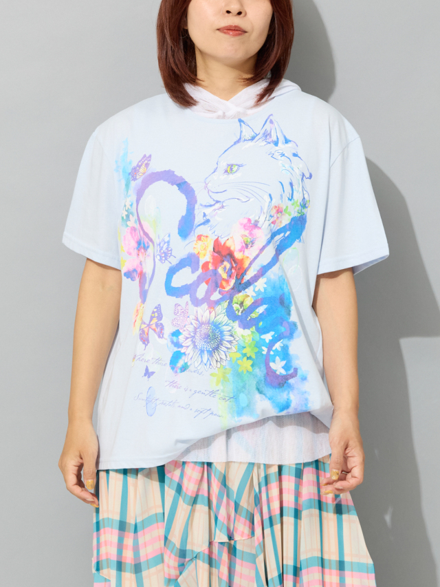 フラワーキャットサイドボタンTシャツ