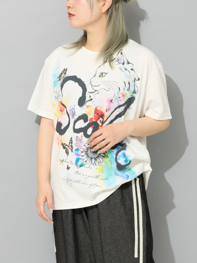 フラワーキャットサイドボタンTシャツ