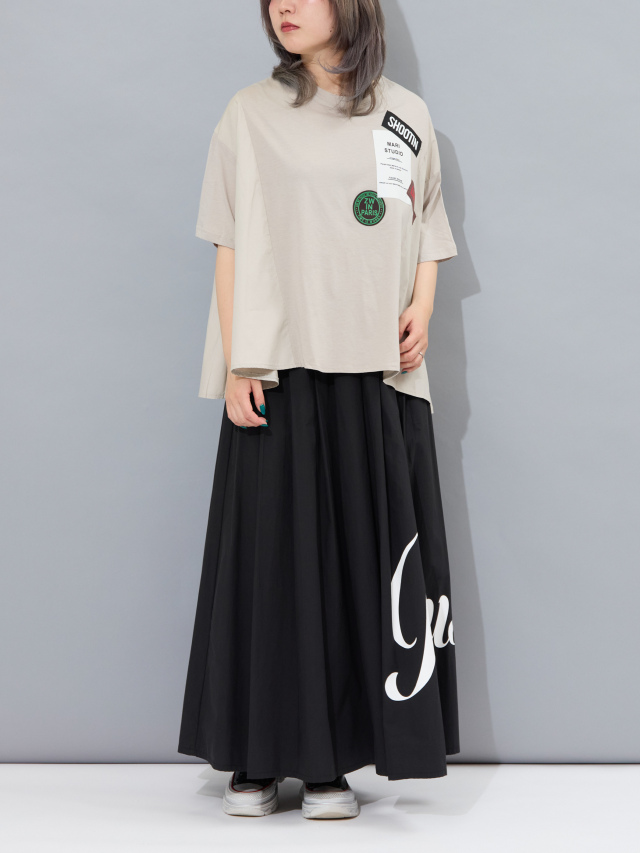 ロゴパッチ異素材コンビフレアTシャツ