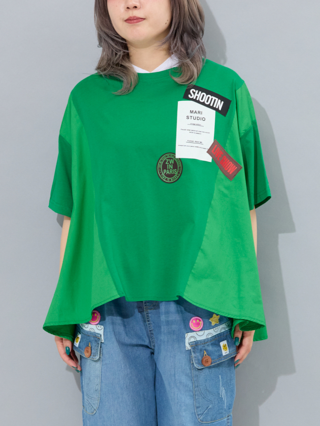 ロゴパッチ異素材コンビフレアTシャツ