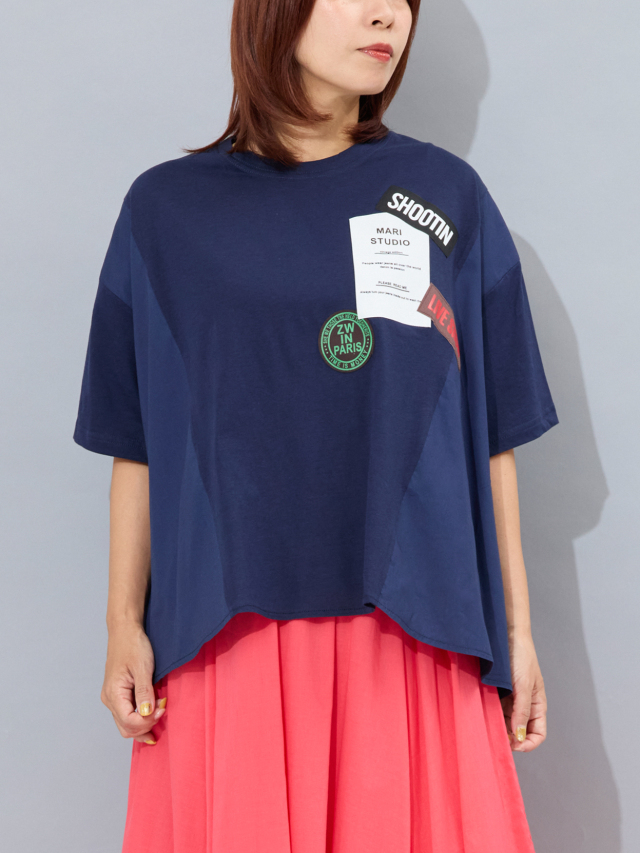 ロゴパッチ異素材コンビフレアTシャツ