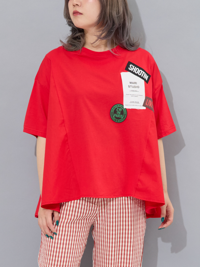 ロゴパッチ異素材コンビフレアTシャツ