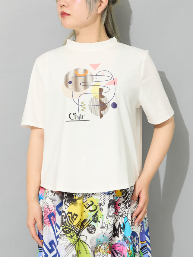 アートモチーフプリントヘムラウンドTシャツ