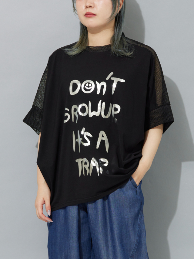 メッシュコンビ箔プリントドルマンＴシャツ