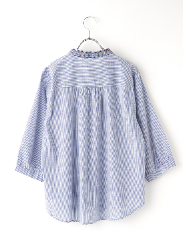 フラワー刺繍ストライプノーカラーブラウス la primavera online