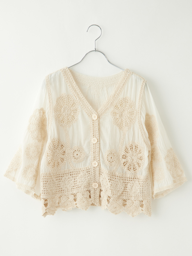 コットン刺繍Vネックカーディガン
