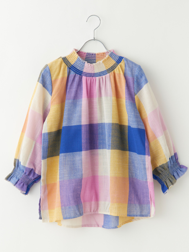 ブロックチェック7分袖スモックブラウス